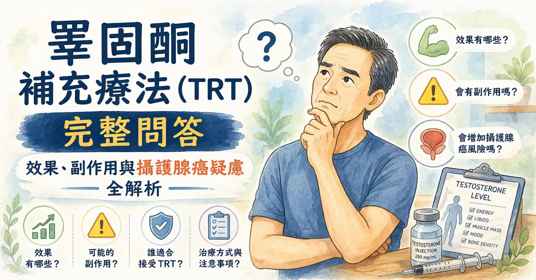 睪固酮補充療法（TRT）完整問答｜效果、副作用與攝護腺癌疑慮全解析
