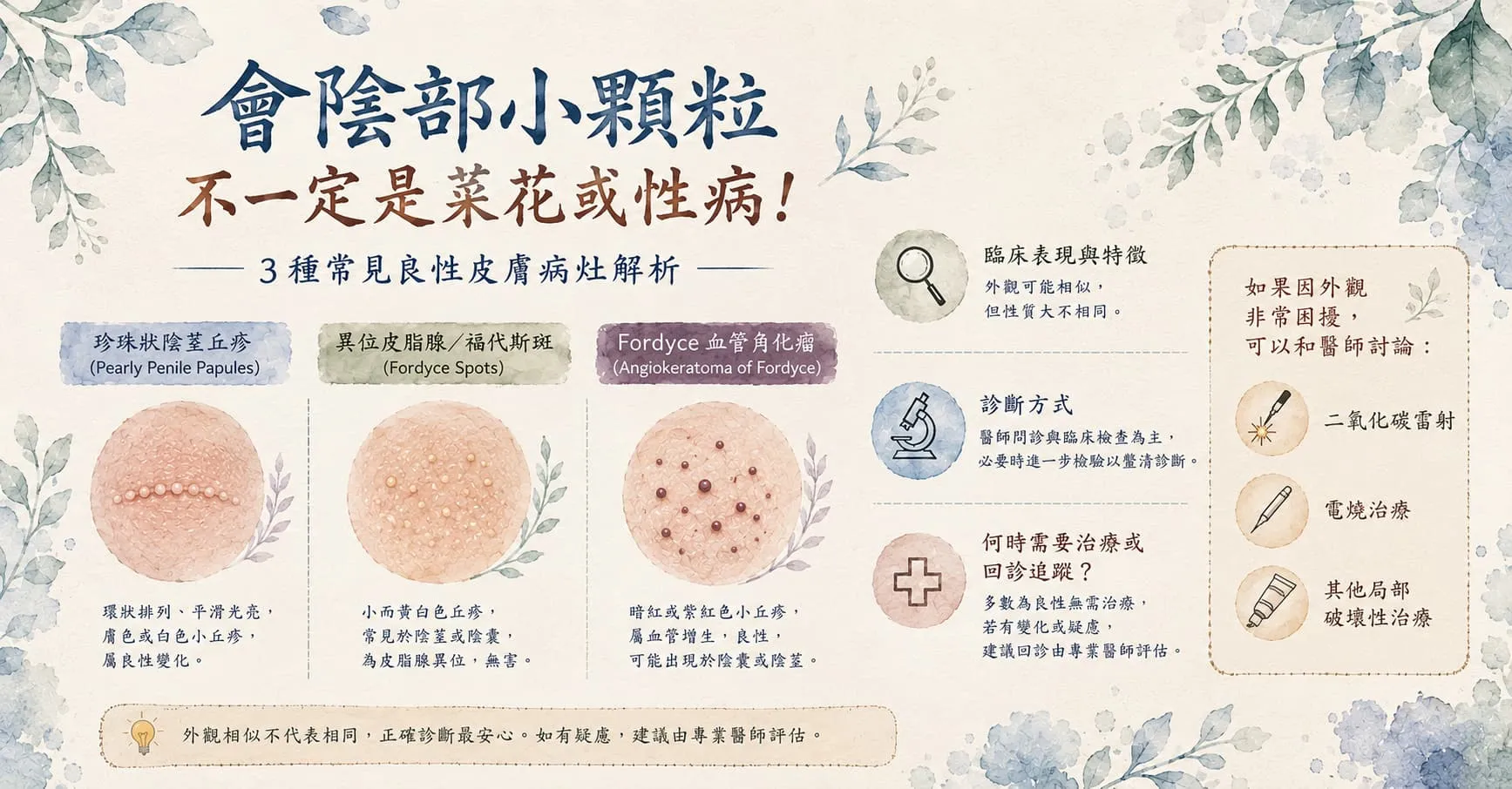 會陰部常見的皮膚病灶：珍珠丘疹、福代斯斑與血管角化瘤